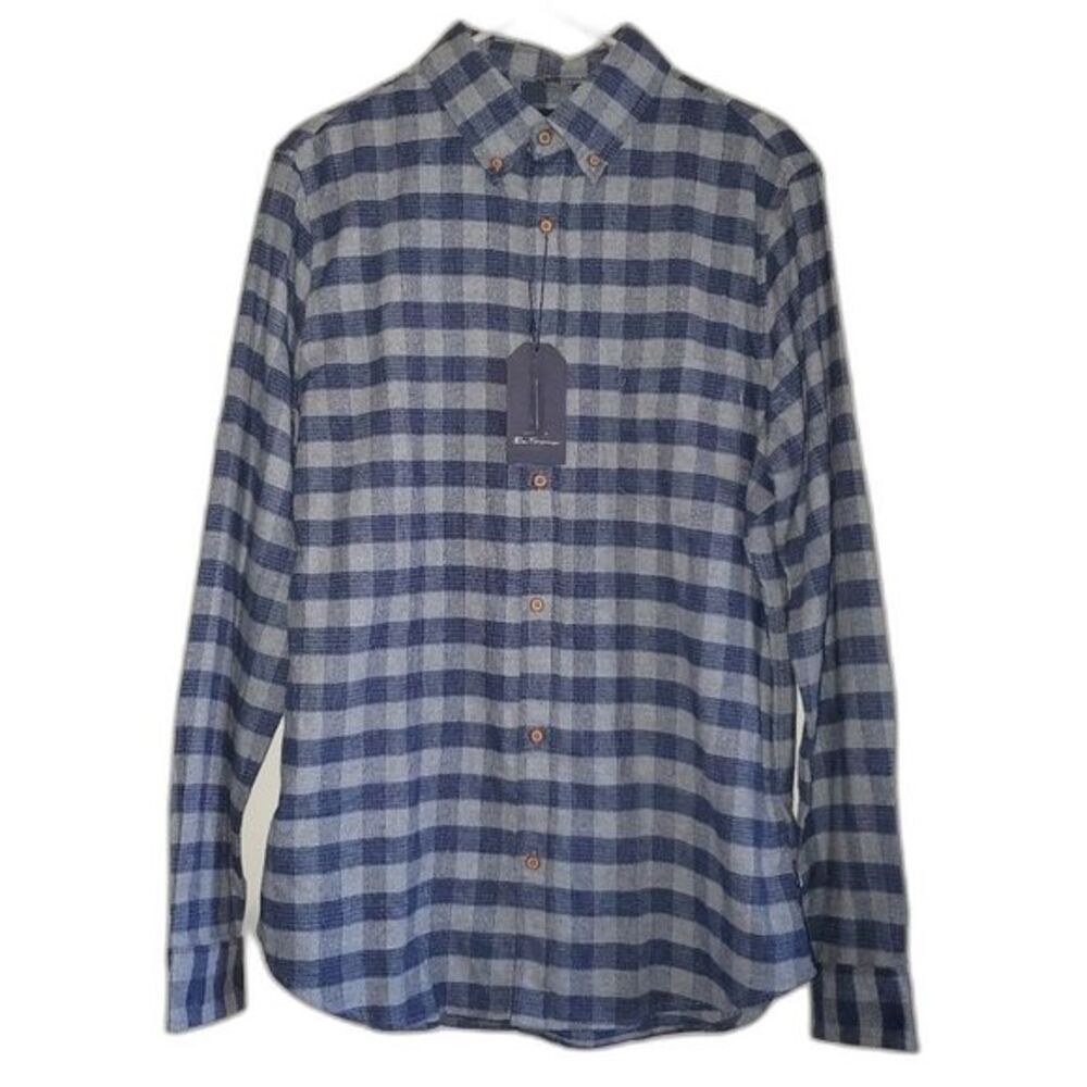 Ben Sherman Modern Fit Plaid Cotton Flannel Shirt Blue Gray M NWT